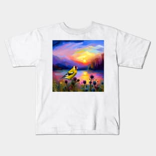 Finch on Thistles at Sunset Kids T-Shirt